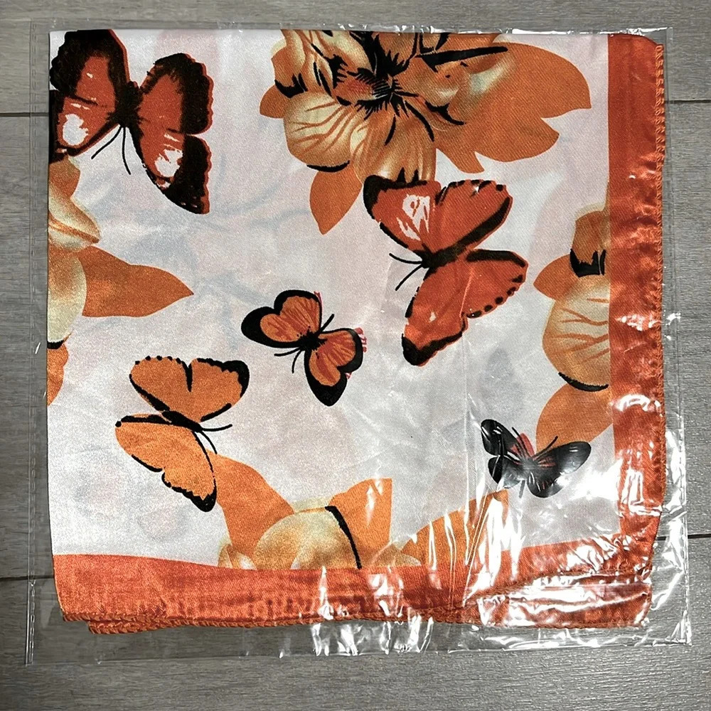 NWOT Silky Square Butterfly Scarf Orange Black White, Size 20x20 inch - Picture 5 of 5